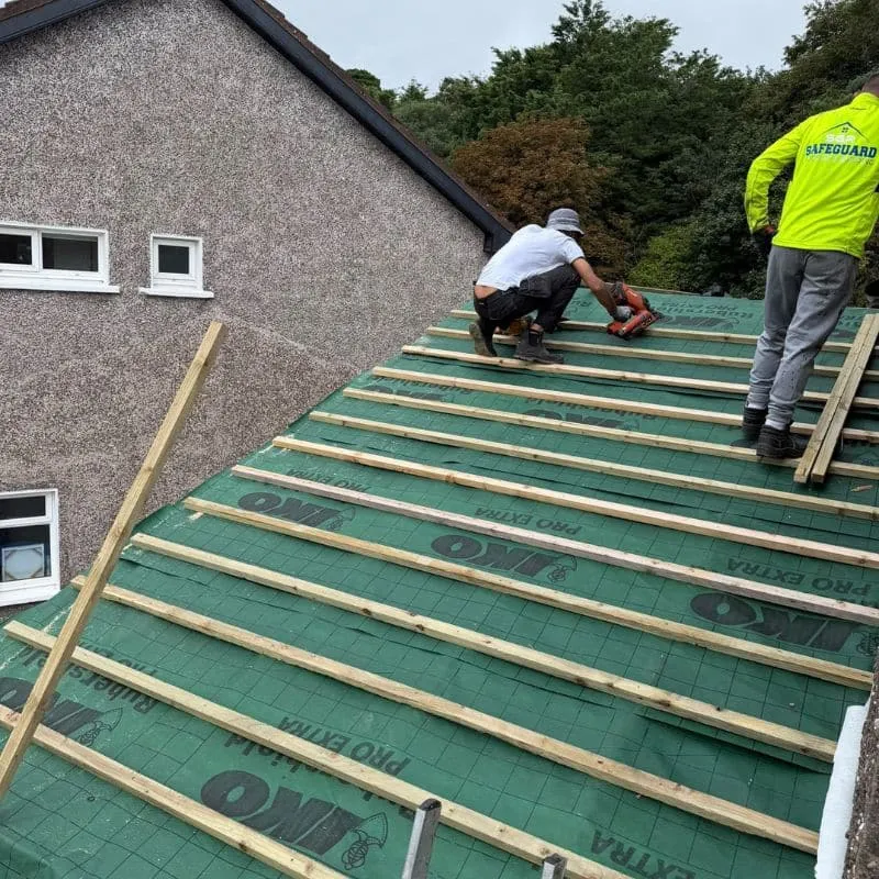 Safeguard roofer installing new pressure treated battens over breathable membrane in Ballincollig Cork